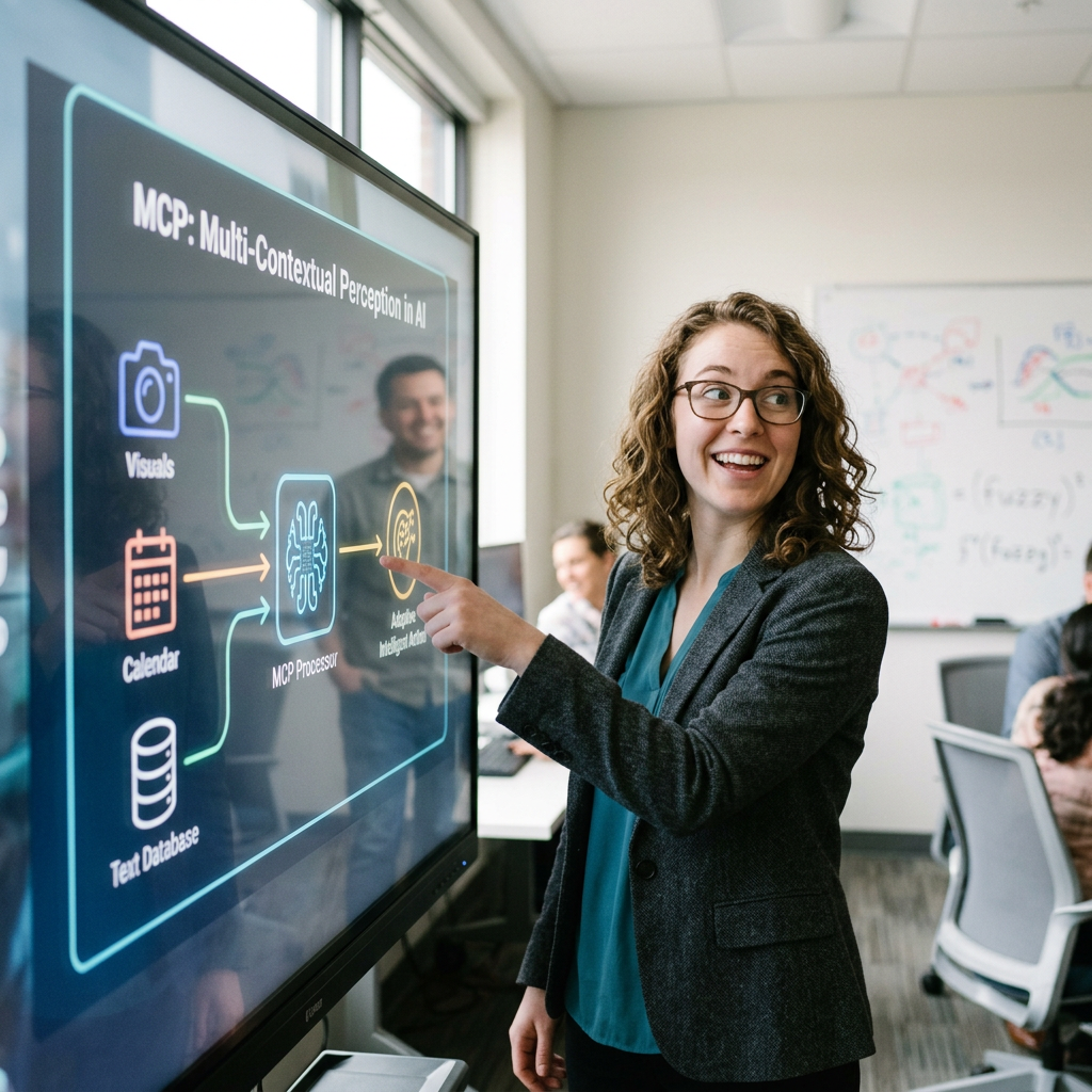 Woman presenting Multi-Contextual Perception in AI diagram to colleagues