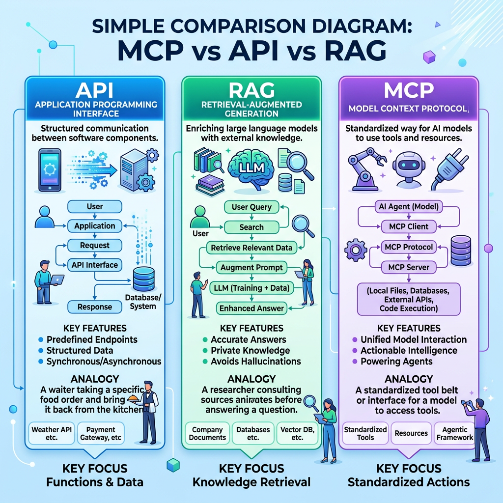 Diagram comparing API, RAG, and MCP with features, analogies, and workflows