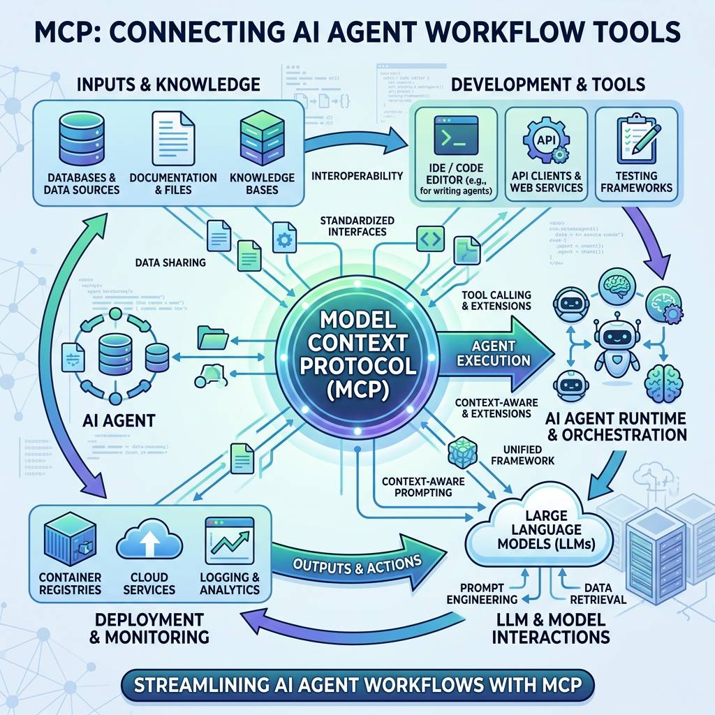 Diagram illustrating Model Context Protocol connecting AI agent tools and workflows