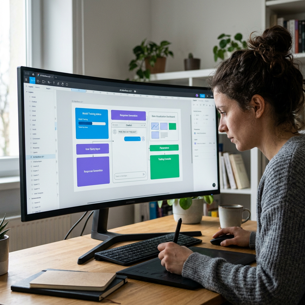 Person designing a user interface with data visualization on a large curved monitor