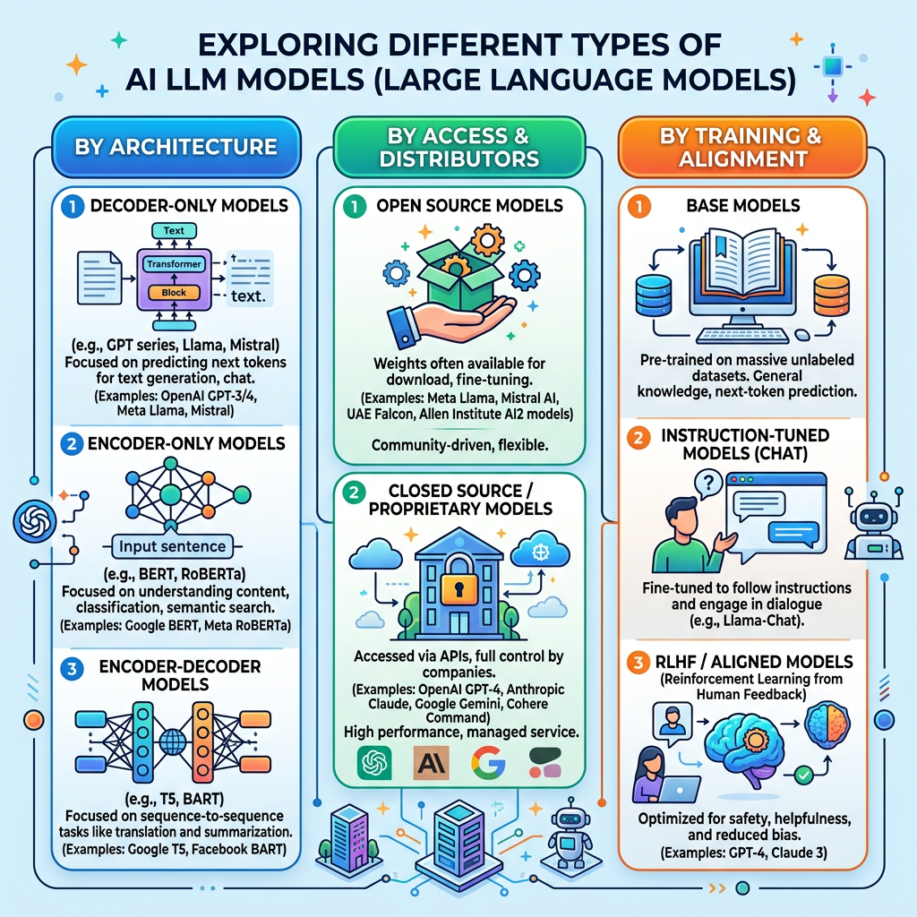Categories of AI large language models by architecture, access, and training alignment