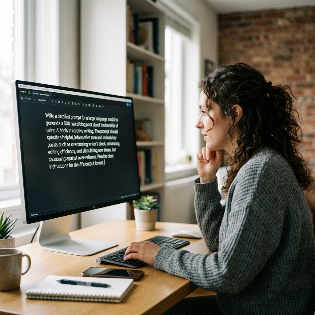 Woman typing a detailed prompt about AI tools for creative writing on a desktop computer