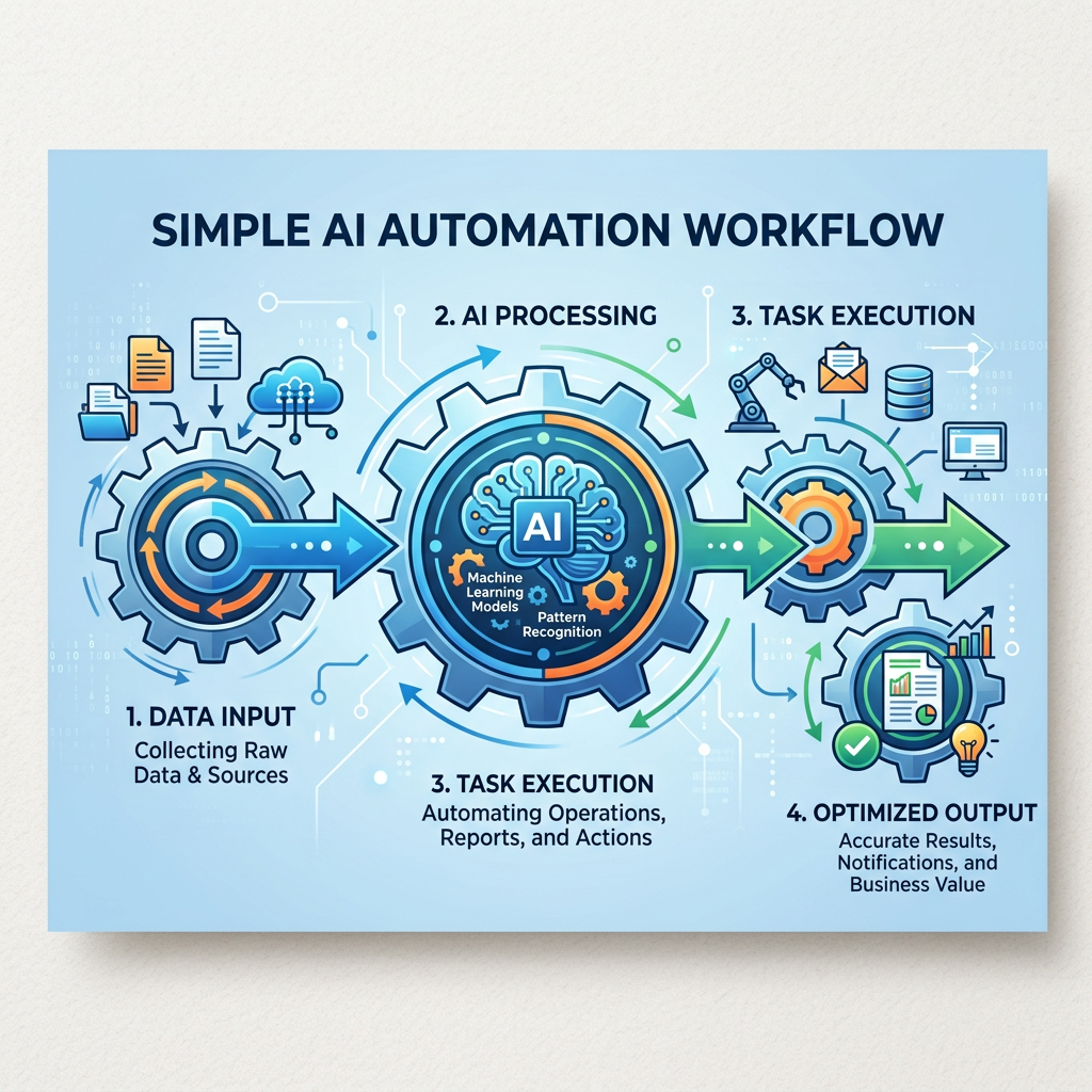 Diagram of AI automation workflow with data input, processing, task execution, and optimized output steps